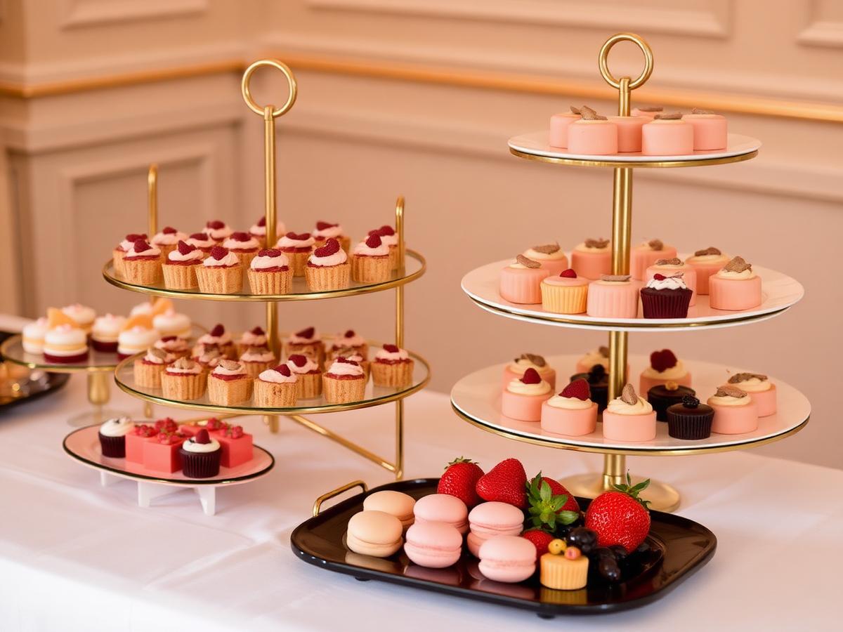Tiered gold stands with canapes, macarons and desserts on ivory linen
