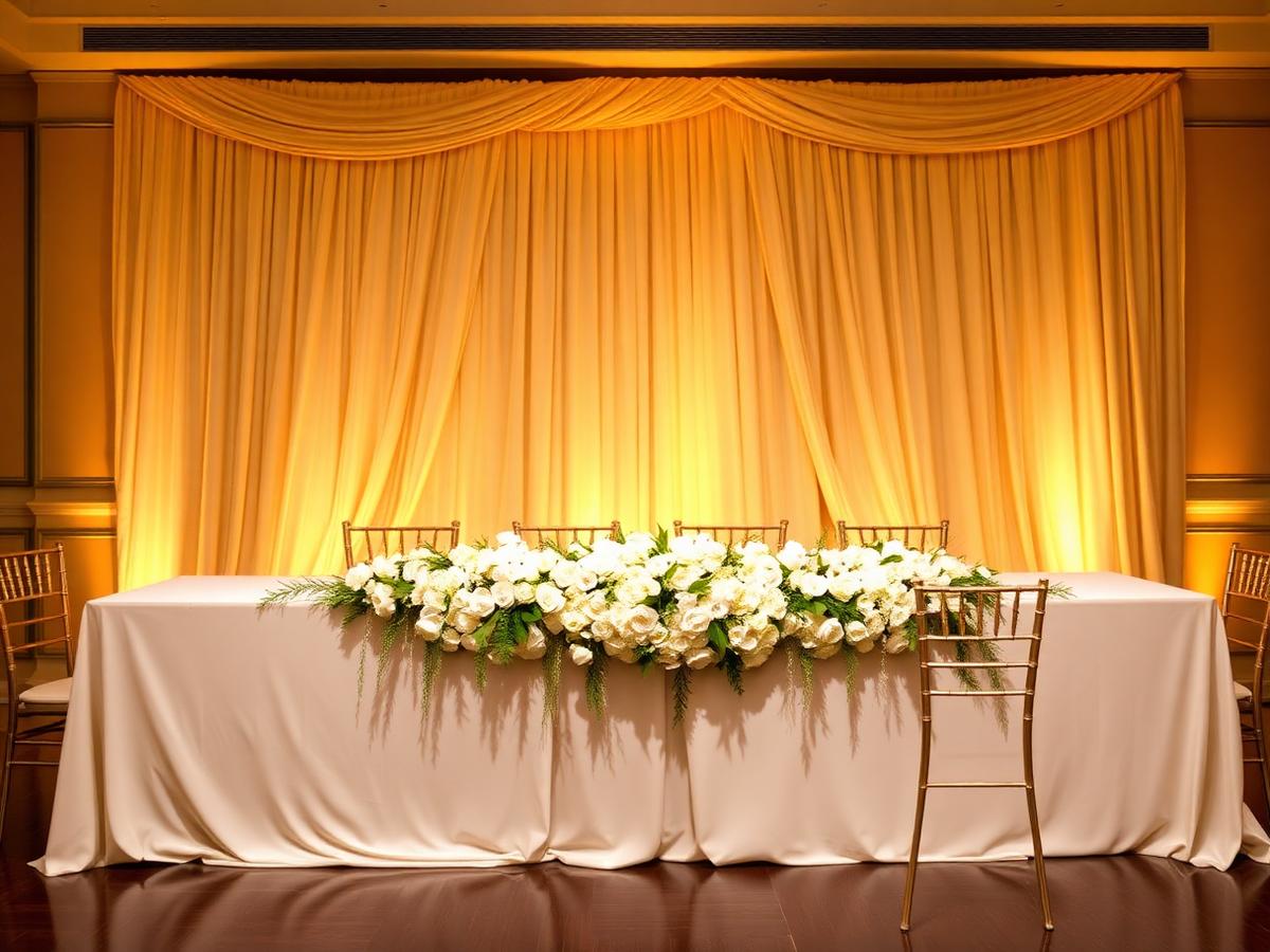 Wedding reception head table styled with white florals and champagne draping