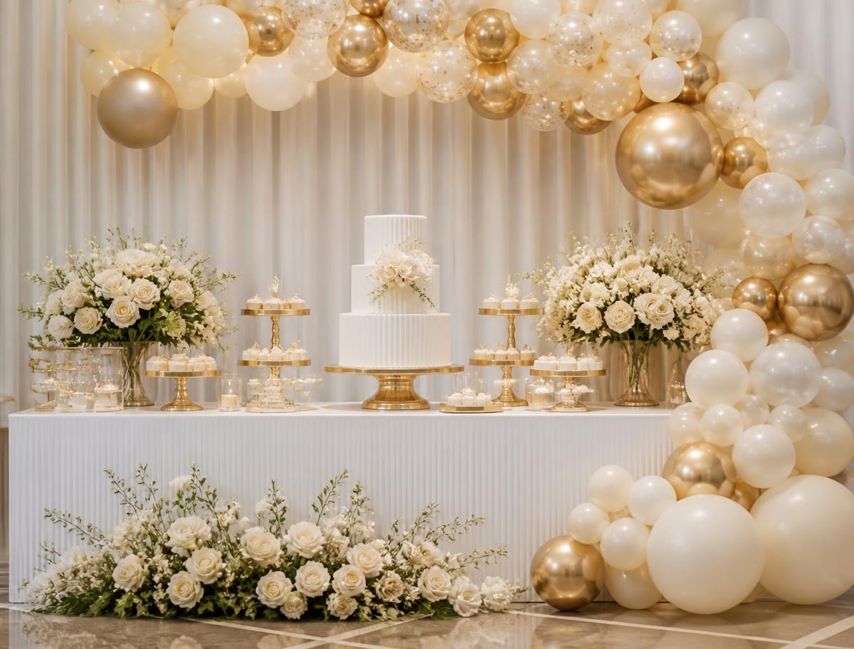 Cream and gold balloon garland above a styled birthday dessert table with tiered cake