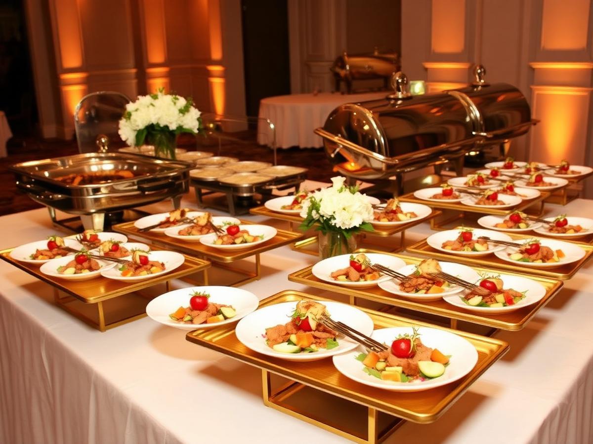 Luxury catering buffet with gold serving trays and plated dishes at an event