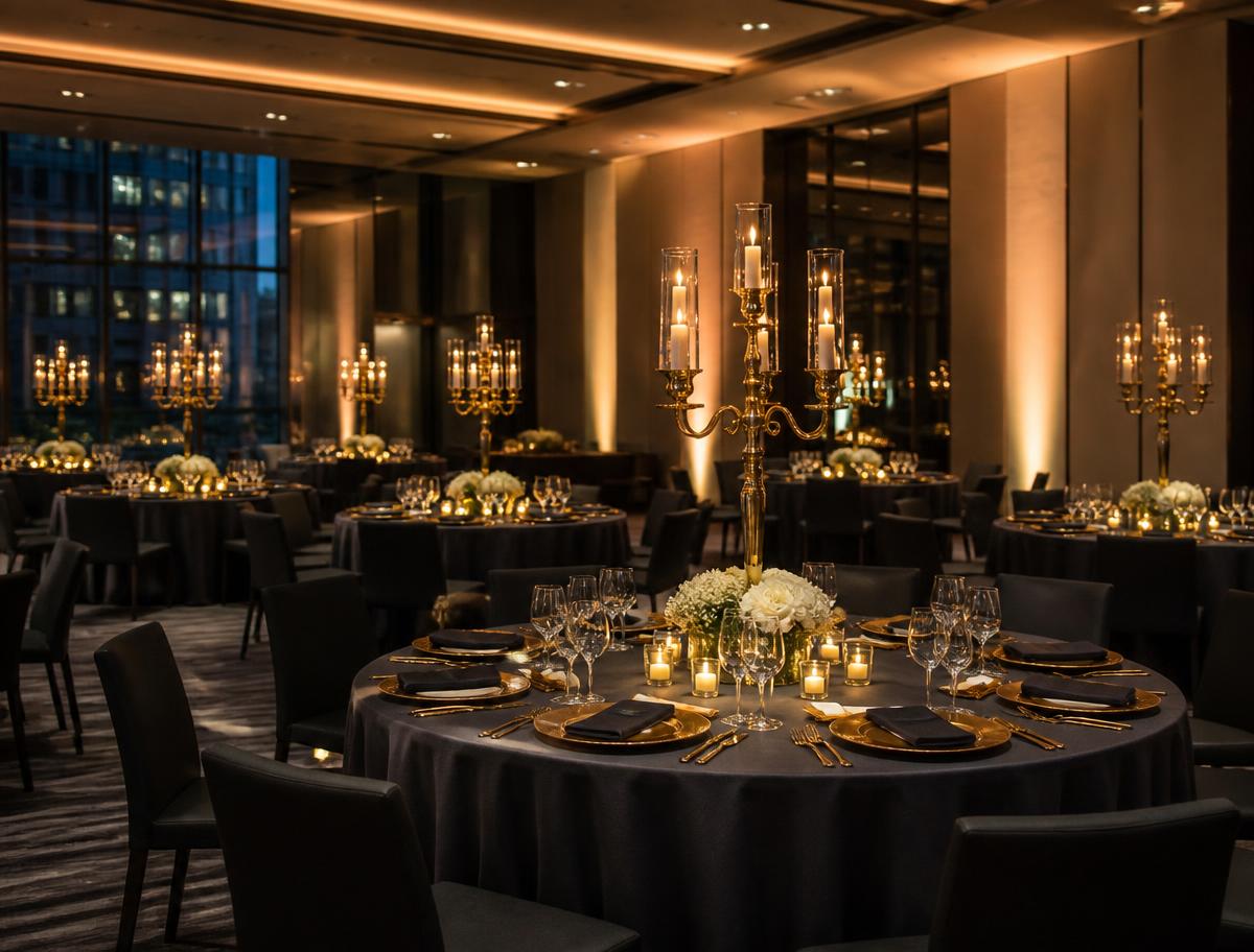 Corporate gala dinner with charcoal linens, gold candelabra centrepieces and warm lighting