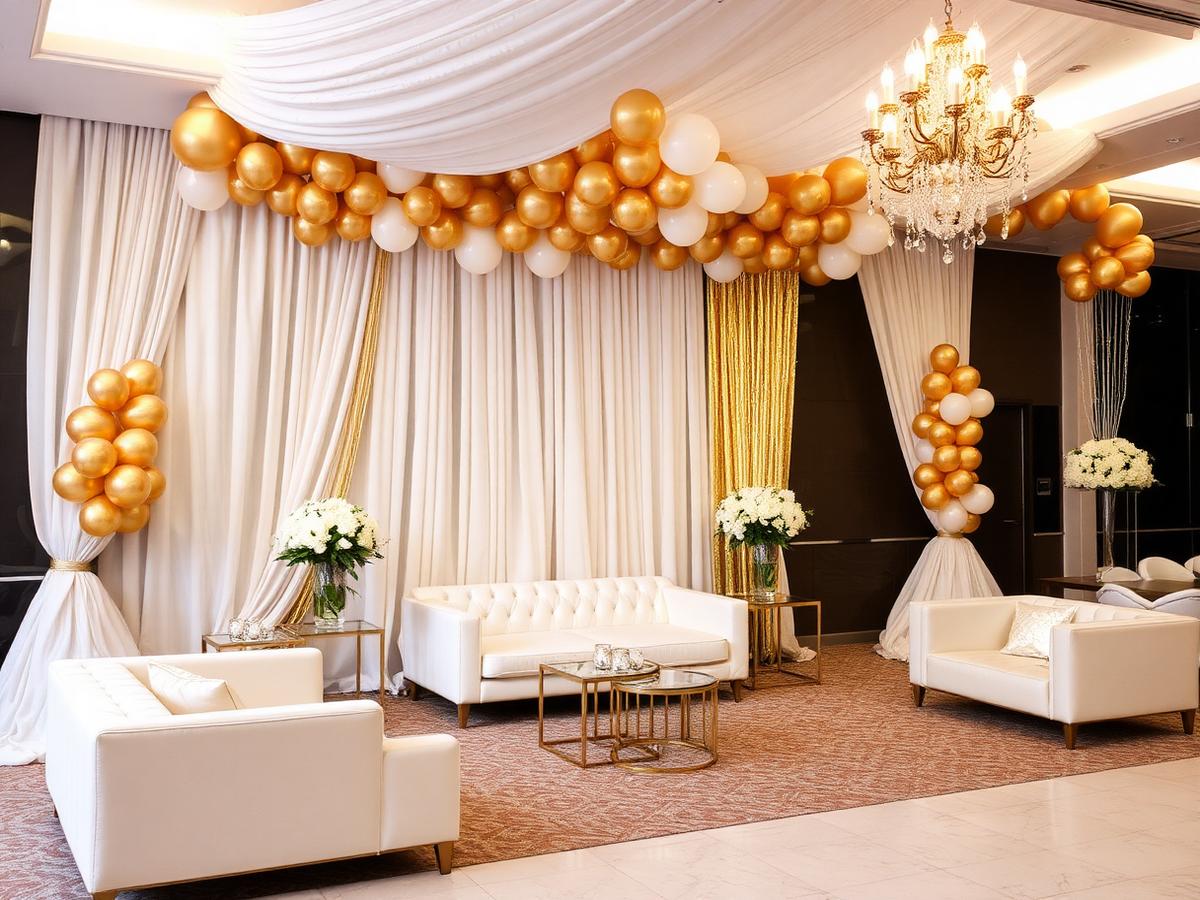 Ivory and gold draped party backdrop with balloon installation and lounge seating