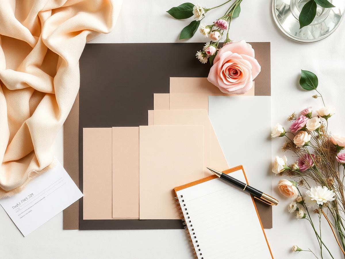 Event planning mood board with ivory fabric swatches, florals and a notebook
