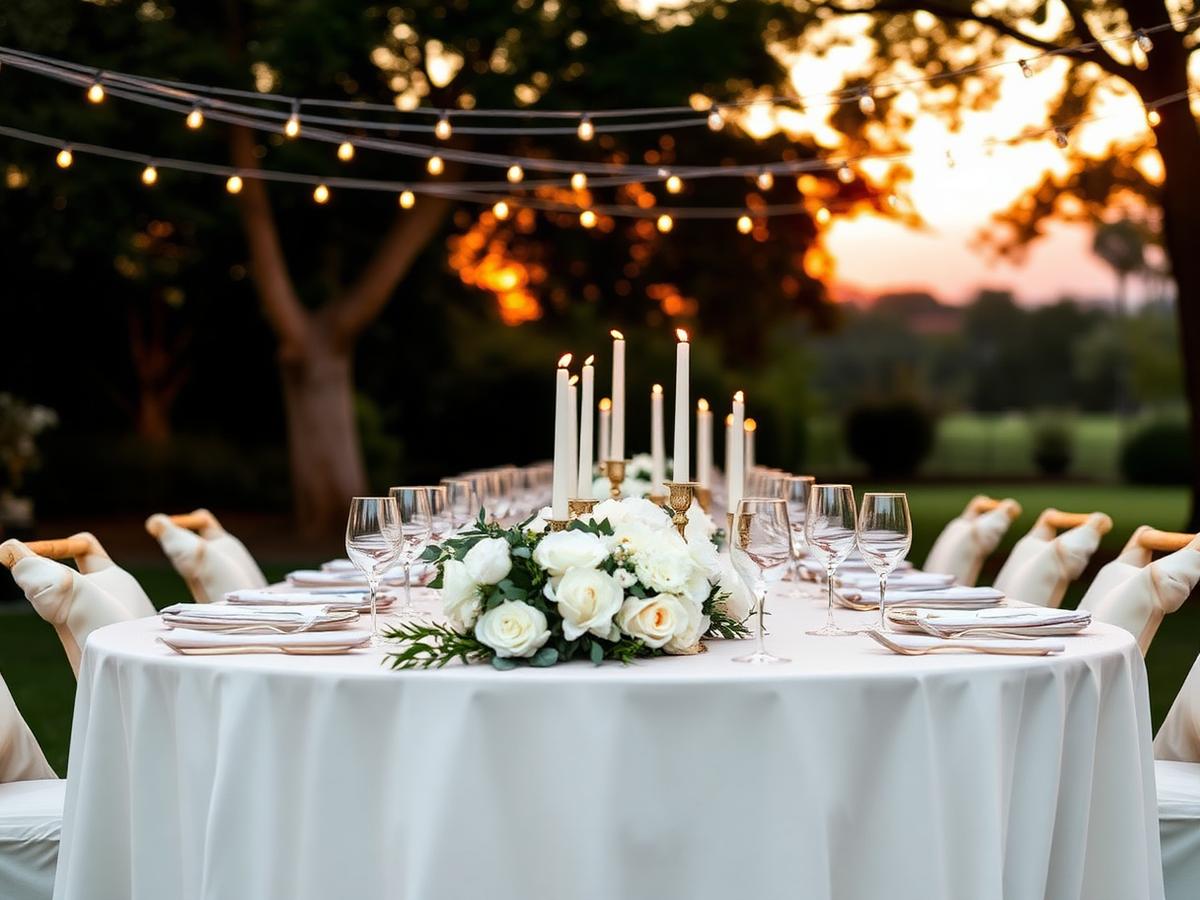 Outdoor private celebration dinner table with white florals and candles at golden hour