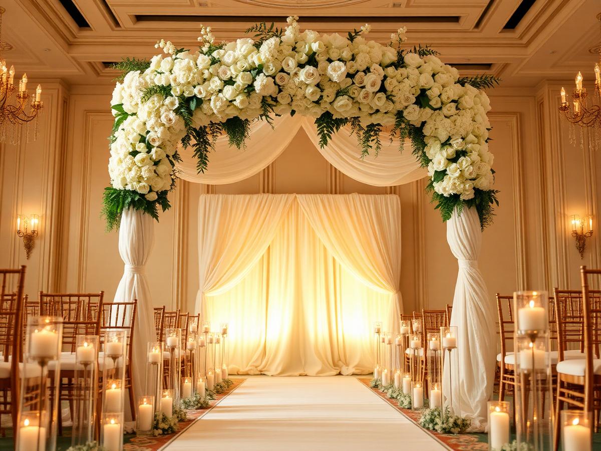 Ivory and gold floral wedding arch with candle-lined aisle in an elegant venue
